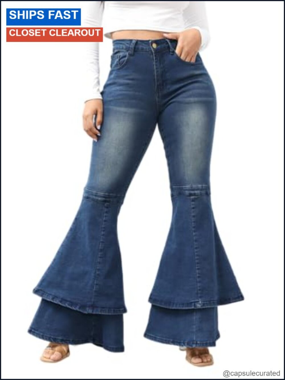Women Bell Bottom Jeans Stretchy Flare Ruffle Layered Hem Denim